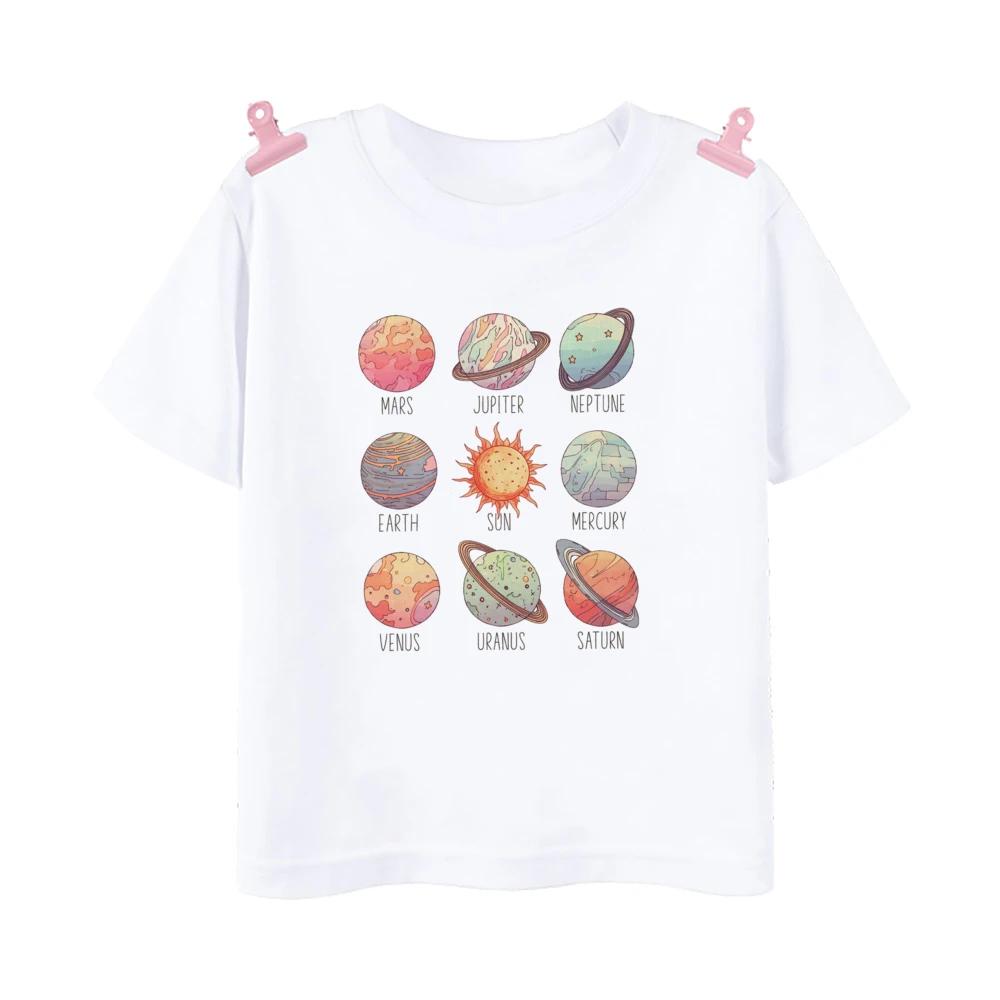 Space Planet Astronaut Cartoon Pattern Summer Childrens Tshirt Short Sleeved Round Neck Top Childrens Boys and Girls Clothing
