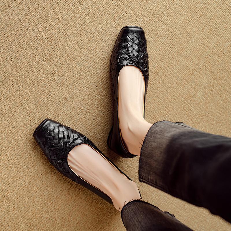 Fashion 2025 New Spring Women Pumps Genuine Leather Shoes for Women Fashion Shallow Butterfly-knot Square Toe Women Ladies Shoes