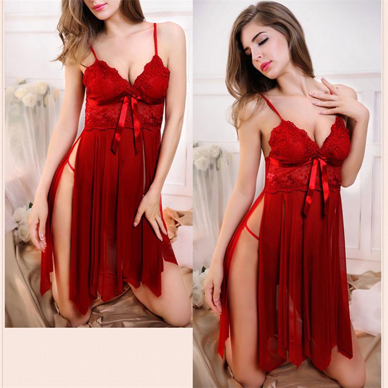 Sexy Lace Perspective Gauze Lingerie Pajamas Women Night Dress G-String Lady