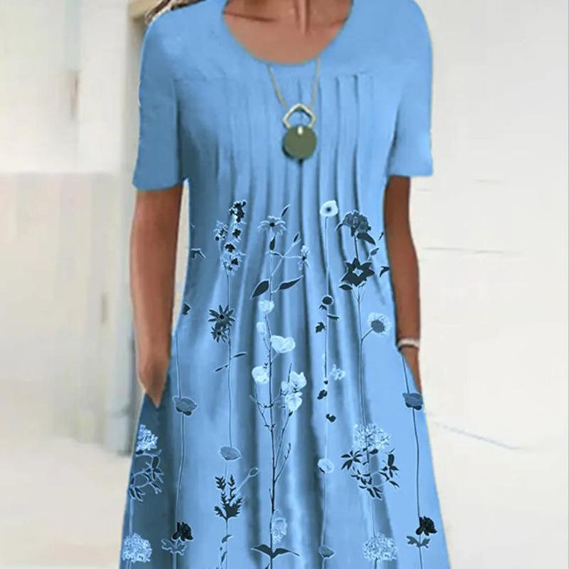 Spring and Summer Floral Print Crew Neck Pocket Women's Fashion Casual Crew Neck Trend Print Medium and Long Dress
