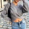 Women S Loose V Neck Cross Design Long Sleeve Knitted Sweater