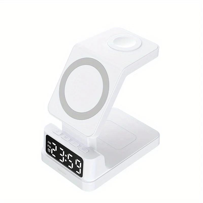 

Магнитная беспроводная зарядка 4-в-1 для Magsafe iPhone 16 15 14 13 12 Apple Watch AirPods Pro Будильник Станция быстрой зарядки With Clock белый