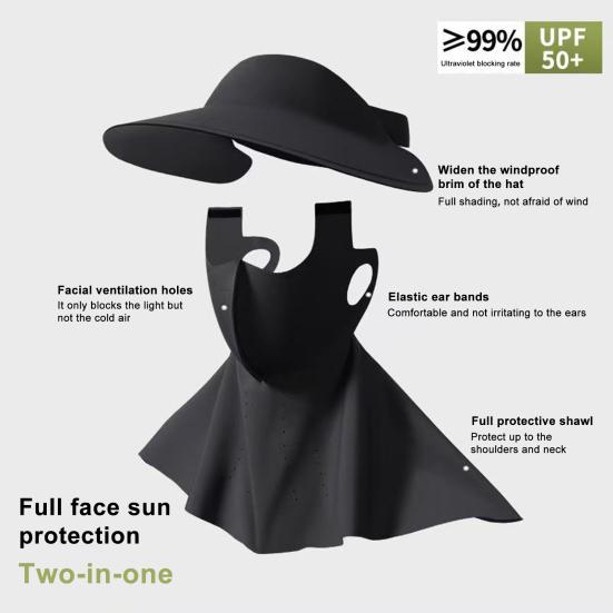 Women Hat with Face Guard Shawl Sun-Proof Breathable Solid Color Design Sun Hat Elastic Large Head Circumference Empty Top Hat