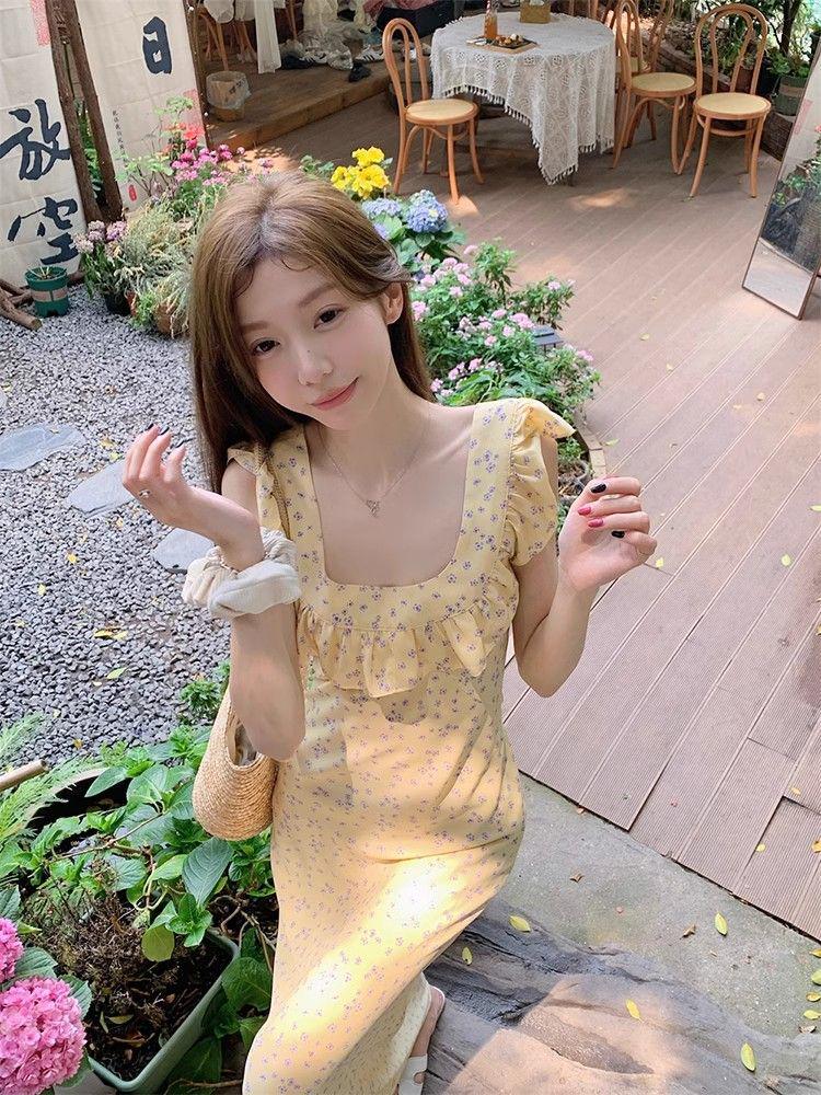French Girl Floral Ruffle Midi Dress - Sexy Slim Lace Spaghetti Strap Summer Vacation Dress