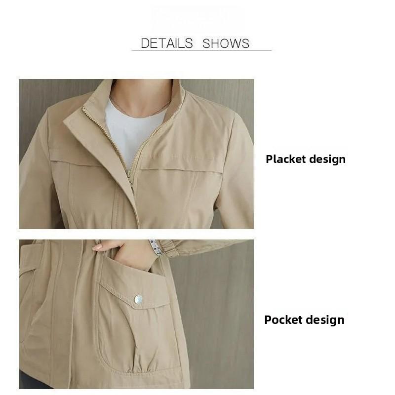 2026 New Korean Style Slim-Fit Windbreaker for Women, Spring and Autumn Stand-Up Collar Solid Color Coat