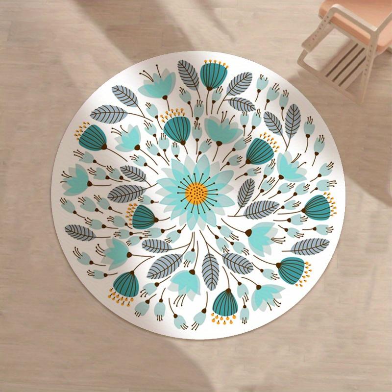 Crystal Velvet Carpet1pc Round AntiSlip Washable Mat With Floral Pattern Teal And Blue Leaf Design, Soft Polyester Material, Per