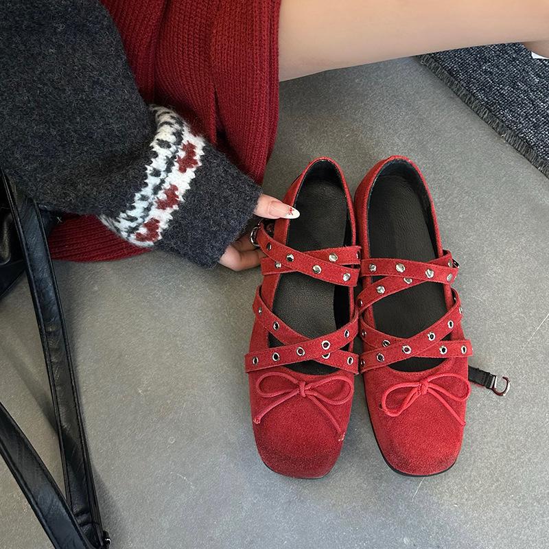 Sheepskin Version Cross Belt Buckle Ballet Shoes Women's New Red Mary Jane Shoes Shallow Mouth Flat Bow Single Shoes