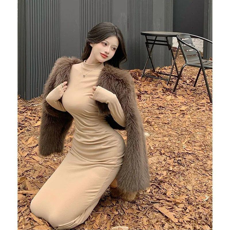 Korean Style Spicy Girl Style Half-high Neck Long-sleeve Dress, Women's Winter New Slimming Inner Layer, Hip-hugging Long Dress