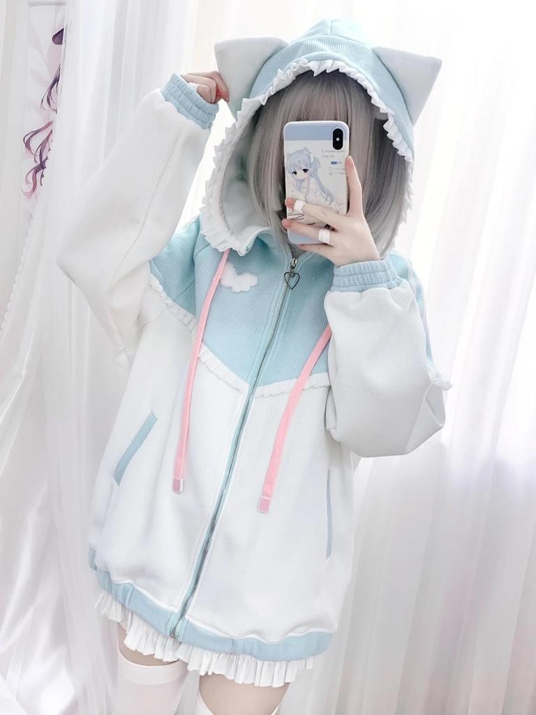 Lilikakoi Cat Ear Hoodie with Ears and Angel and Feather Cute Cat Ear Loose Light Blue Color Y2K Angel Harajuku Women's Frills, Wings, Pattern,