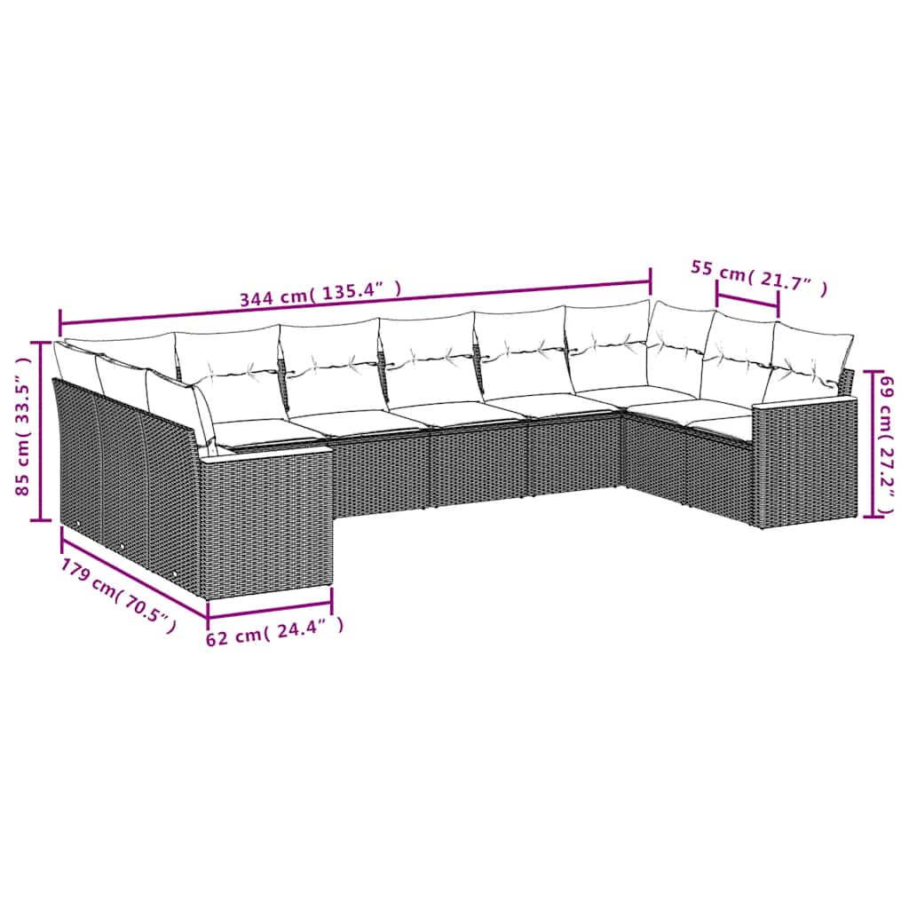 Vidaxl 10-Cz. Garden Lounge Set, Cushions Black Rattan Pe