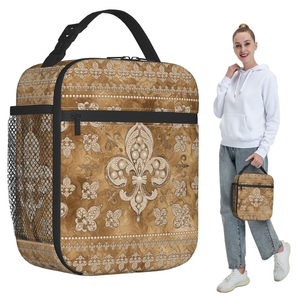 Fleur-de-lis Luxury Pearl And Gold Insulated Lunch Bag for Women Office Cooler Thermal Food Box Tote Lunch Boxes Container