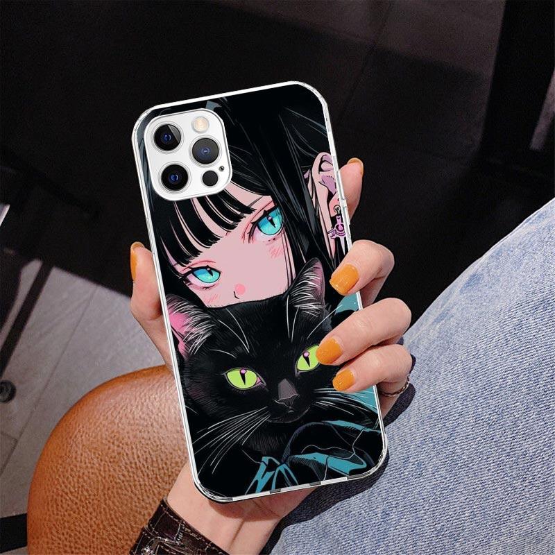 Anime Girls Cute Black Cat Phone Case For iPhone 17 Air 16 Pro Max 16E 15 + 14 Plus 11 12 13 Mini 7 8 SE Gift Print Cover Fundas