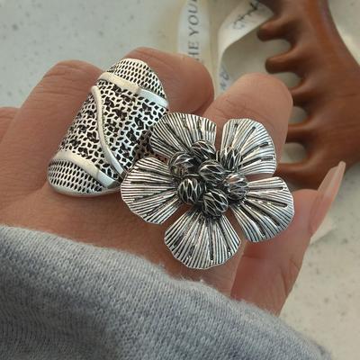 925 Sterling Silver Rings for Women Couple Minimalist Handmade Simple Vintage Big Flower Ring Fine Jewelry Gift Prevent Allergy