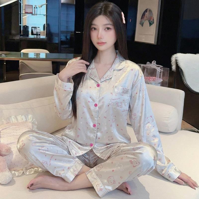 Ice Silk Pajamas Women'S Spring Thin Long-Sleeved Two-Piece Set, Sweet And Cool Loungewear Can Be Worn Outside