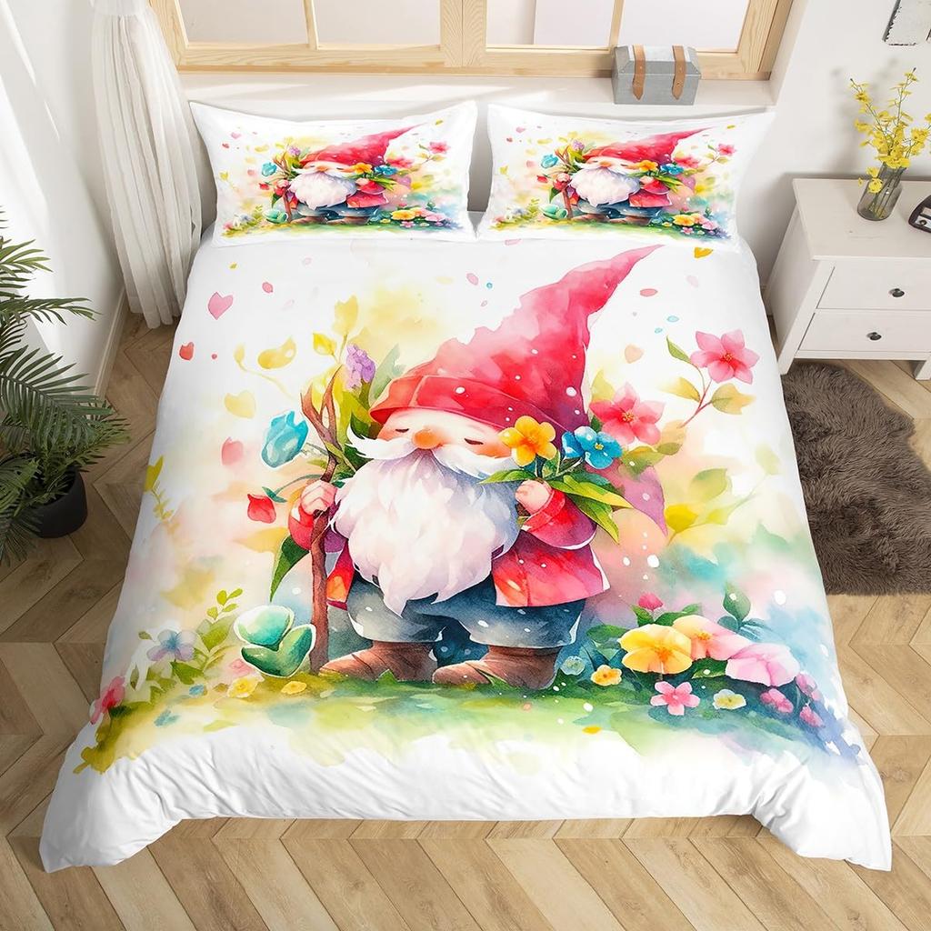 Cartoon Elf Duvet Cover Spring Garden Floral Bedding Set Botanical Flowers Quilt Cover Watercolor Printing Art Comforter Cover