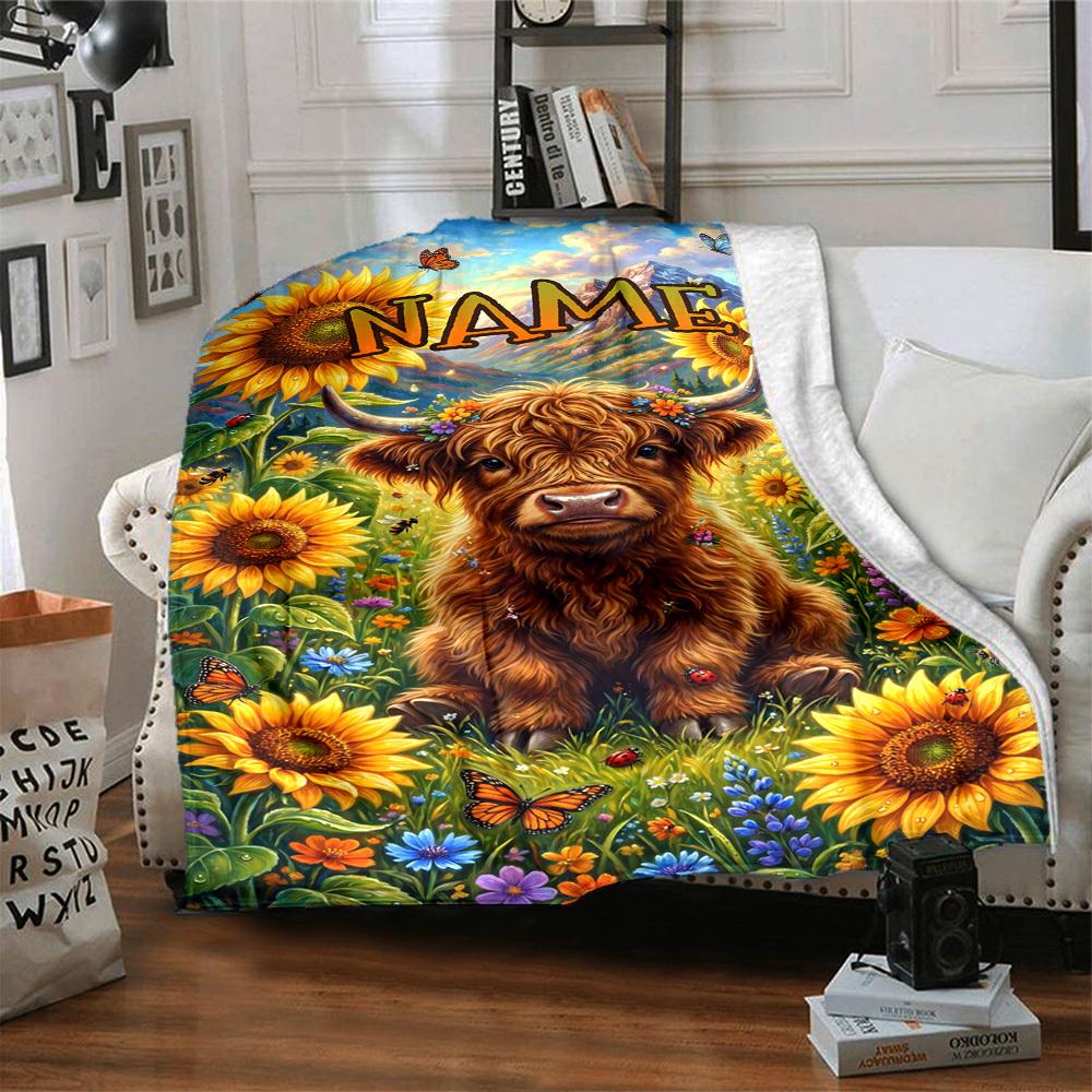 Highland Cow Sunflower Garden Home Customize Your Name Blankets Soft Cozy Lightweight Allseason Multiuse Blanket For Picnic Sofa Office Bed Living