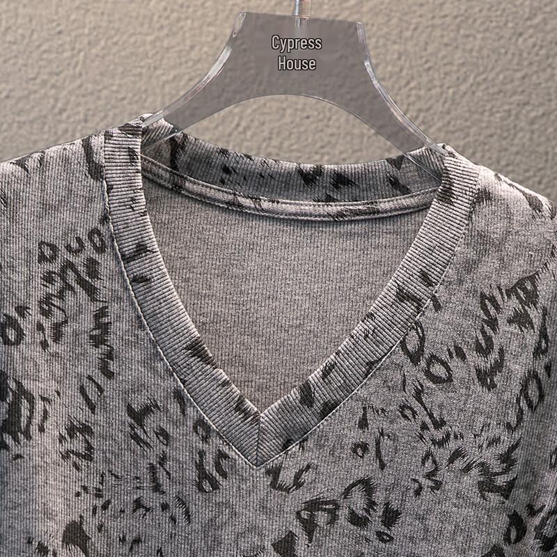 Damen V-Ausschnitt Kurzarm Leo-Print T-Shirt