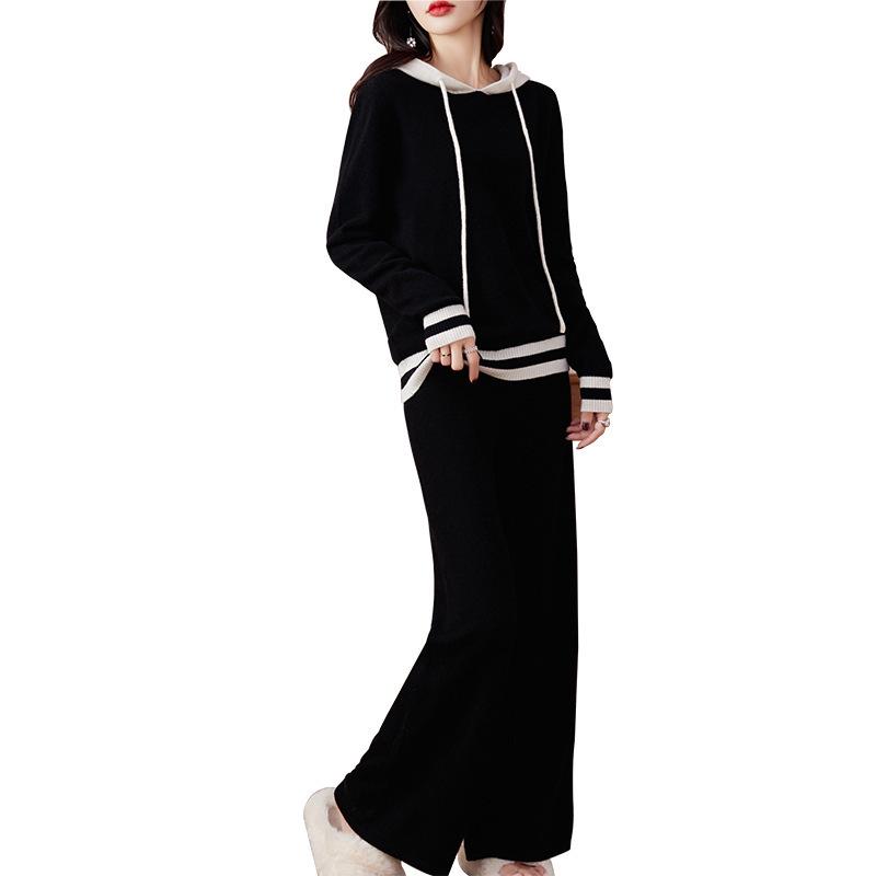 Women's Casual Color Block Hooded Wool Knit Sweatshirt & Long Pants Set - New Autumn Slimming Versatile Two-Piece