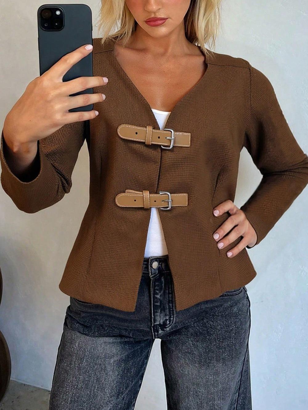 Autumn European and American cardigan brown retro pu leather spliced jacket women in large quantities in stock S