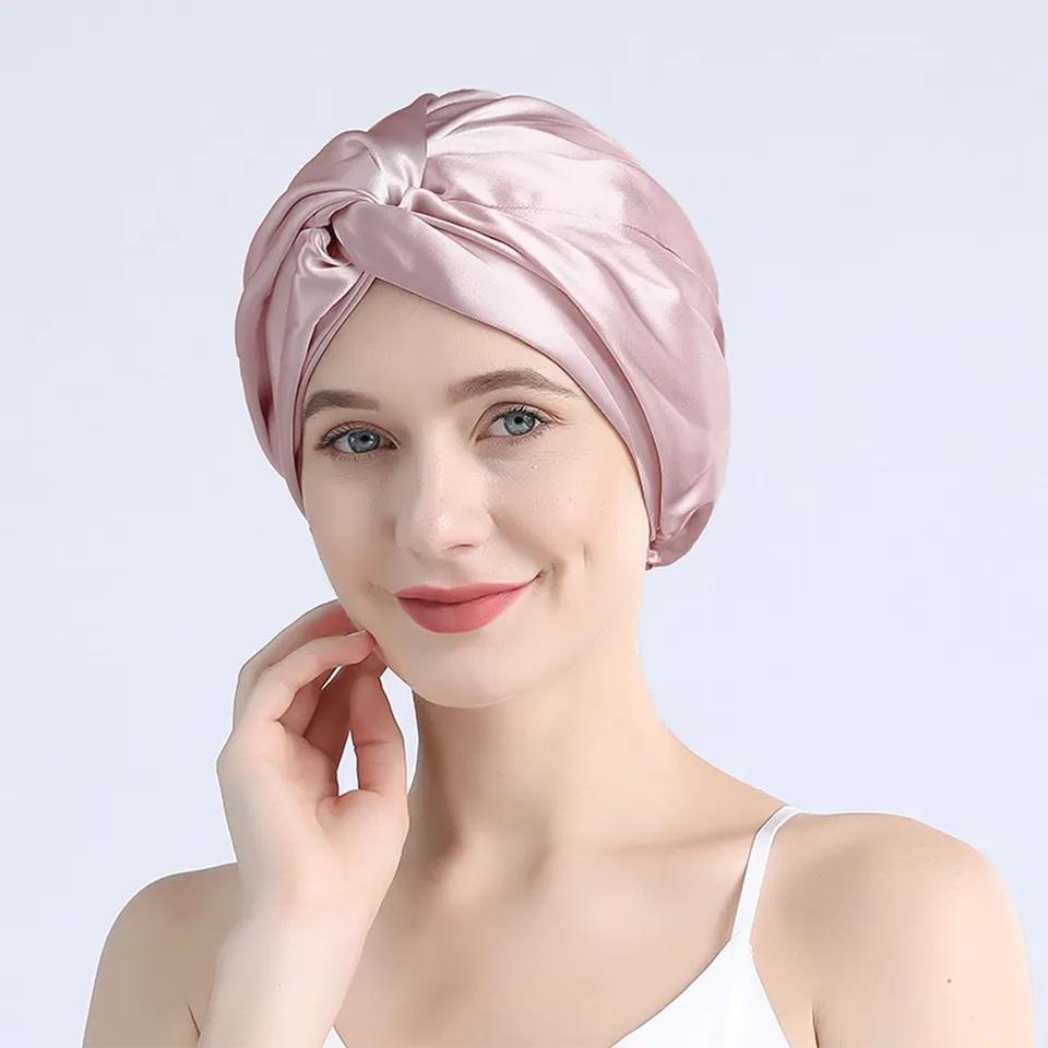 Sexy Women Turban Double Layer Hair Bonnets Silk Custom logo Turbans for Ladies