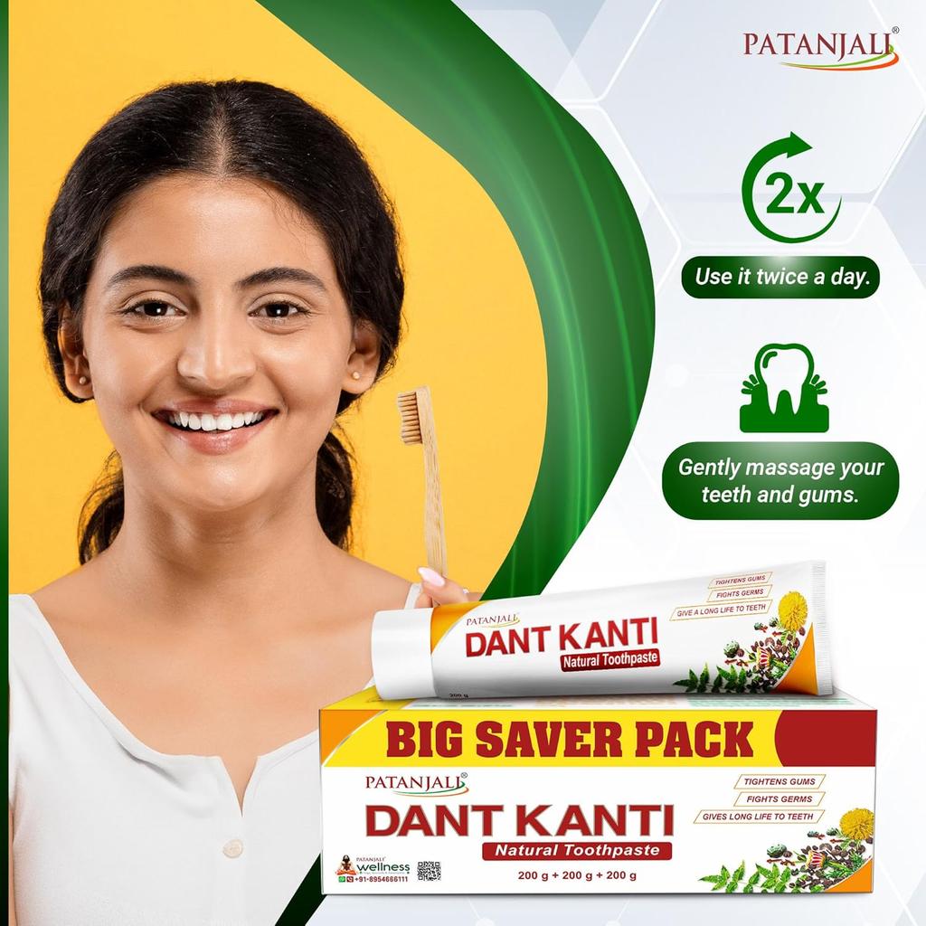 Patanjali Dant Kanti Natural Toothpaste 600g x pack of 1Big Saver Pack Strengthens Teeth Freshens Breath