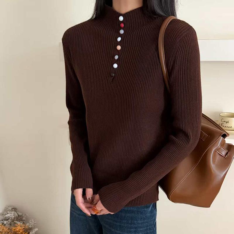 Women's Ribbed Mock Neck Sweater Colorful Button Decor Long Sleeve Knit Top Autumn Casual Wear
