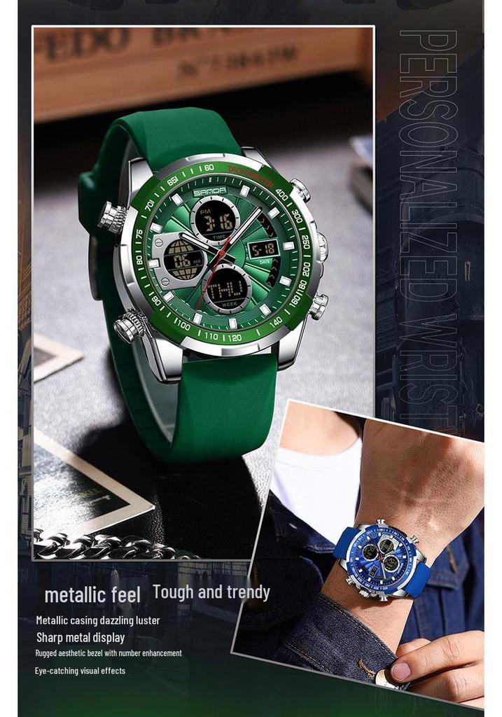 Sanda Dual Display Men's Multifunctional Sports Watch with Silicone Strap and Waterproof Feature