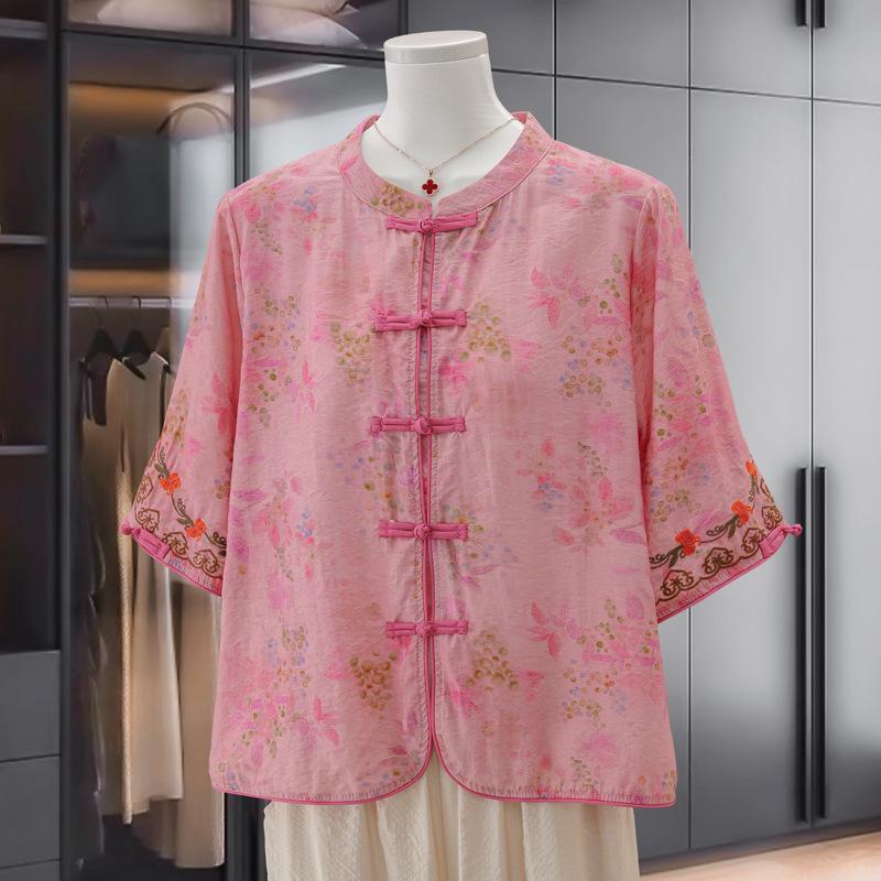 

Elegant Retro Chinese Style Linen Tencel Blouse - Short Sleeve, Stand Collar, Frog Button, Loose Fit for Women 4XL (Approx. 70-77 kg)