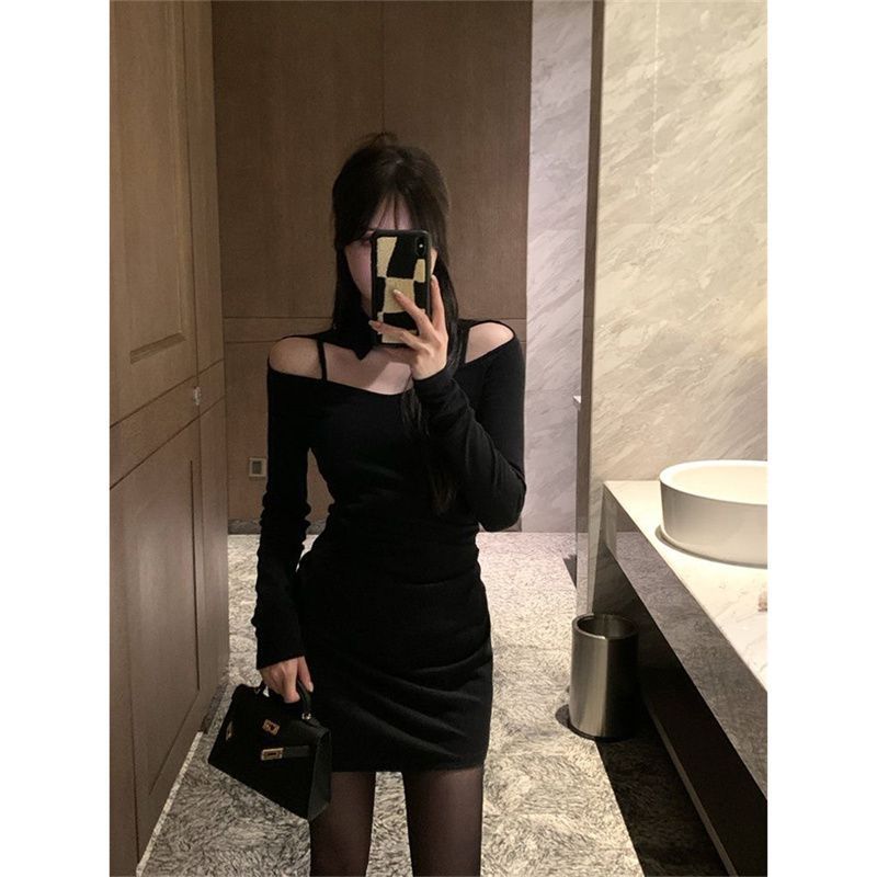 American Retro Red Foreign Style Long-sleeved Dress Women's Spring New Slim-fitting and Thin Inner Niche Hip-wrapped Short Skirt