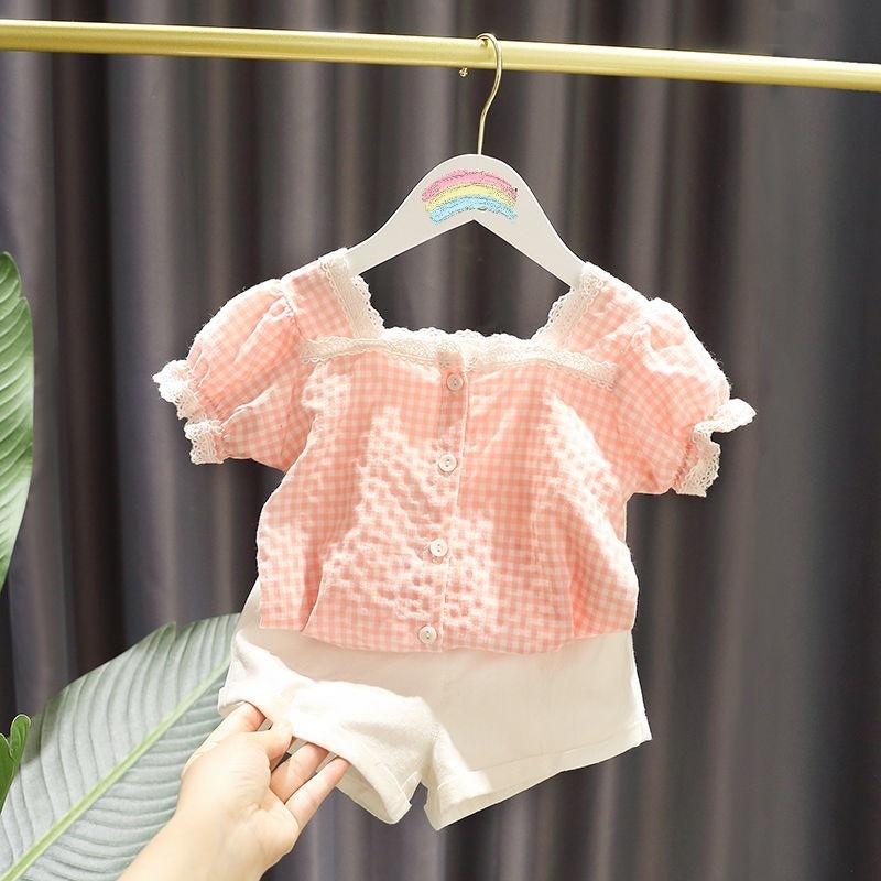 Girls Summer Plaid Short Sleeve Shirt and Shorts Princess Set 80