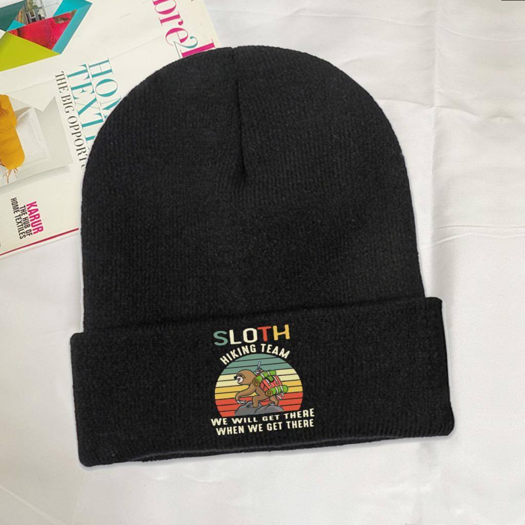 Sloth Hiking Team We Will Get There When We Get There Knitted Caps for Women Unisex Beanies Winter Hats Outdoors Camping Melon Cap