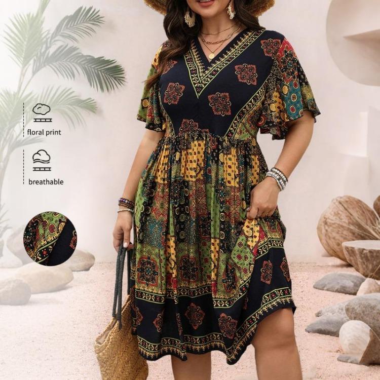 Bohemian Summer Dress for Women High Waisted Loose Print V Neck Casual