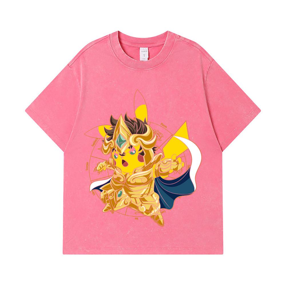 275 GSM Washed T-shirts 100% Cotton Pokemon V25 Pikachu Leo Print Unisex Heavy Cotton T Shirt