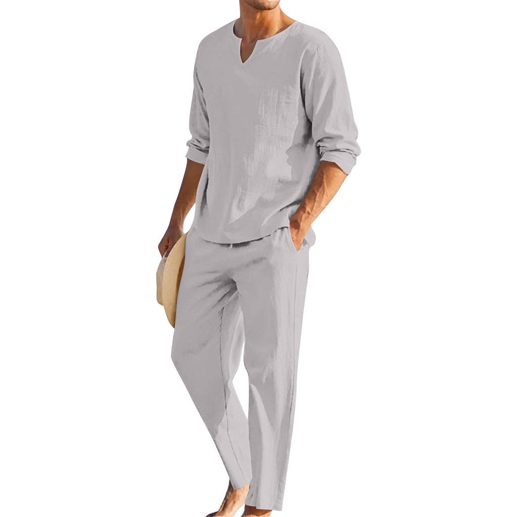Men's Summer Cotton Linen Color Loose V-Neck Long-Sleeved Top Trousers Suit