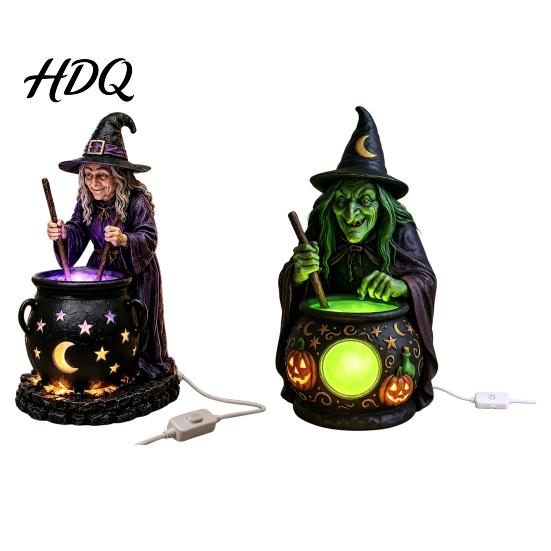 Luce LED Calderone Strega Statua Halloween con Calderone Luminoso Alimentato da USB Resina Nero Decorazione Atmosfera Festa Pentola Statuetta Verde/Viola per