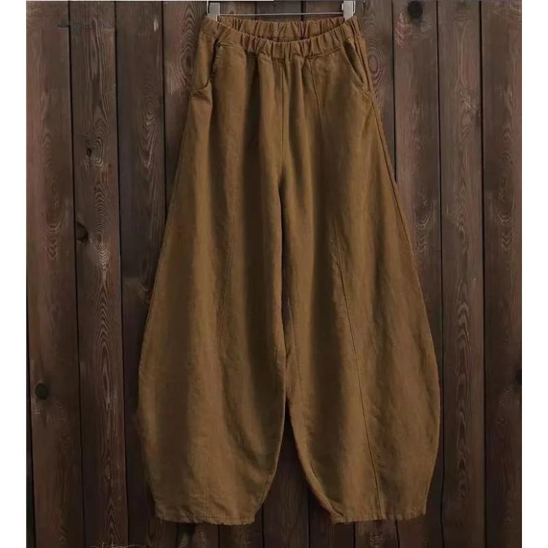 

Cotton Linen Bloomers Wide Leg Pants Women Vintage Full Length Fashion Elegent Pants Solid Elasitic Waist Spring Autumn 5XL 5XL верблюд