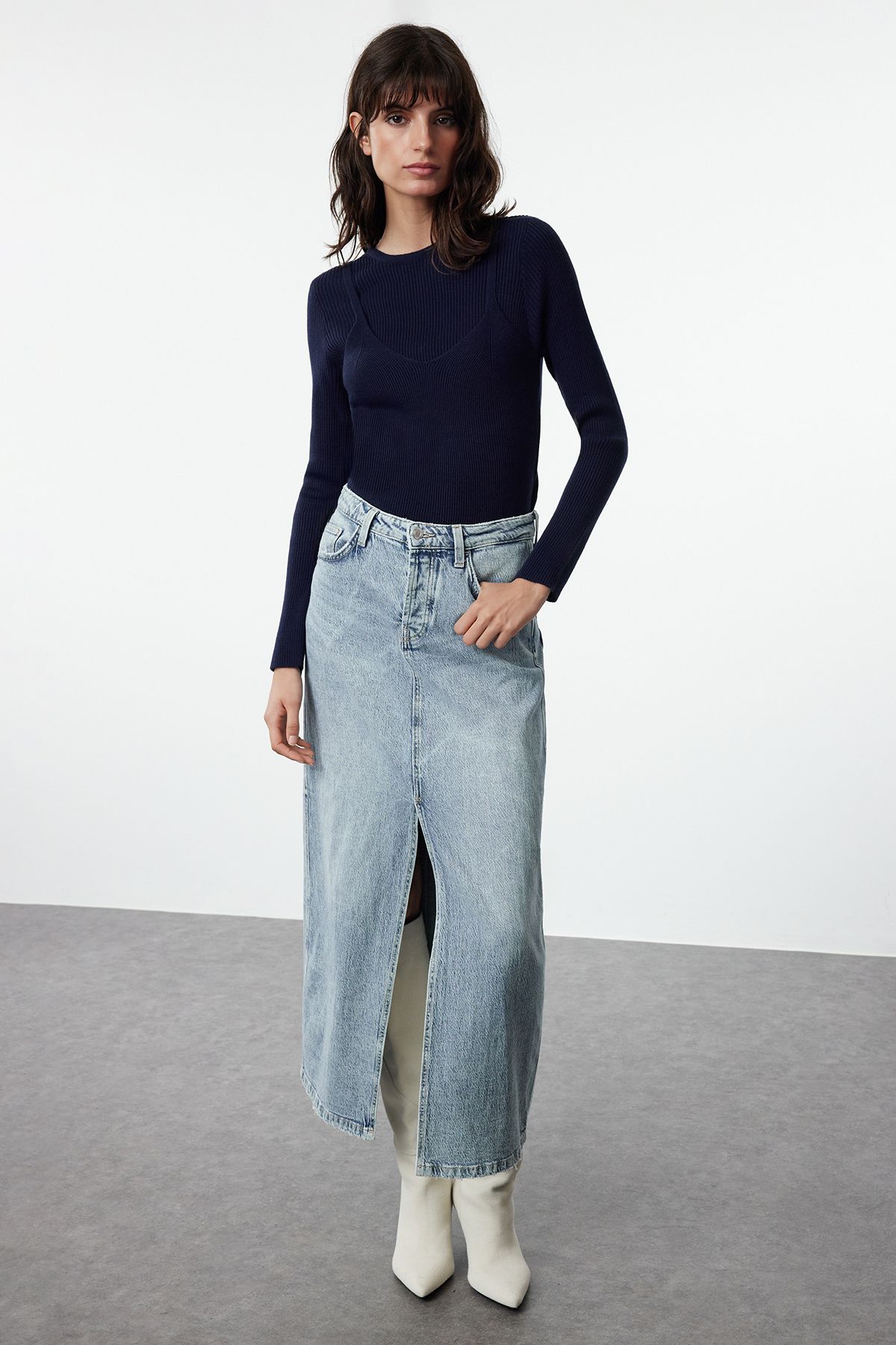 

Women s Fashion Stylish Sweater Navy Blue Basic Double Knitwear Sweater M