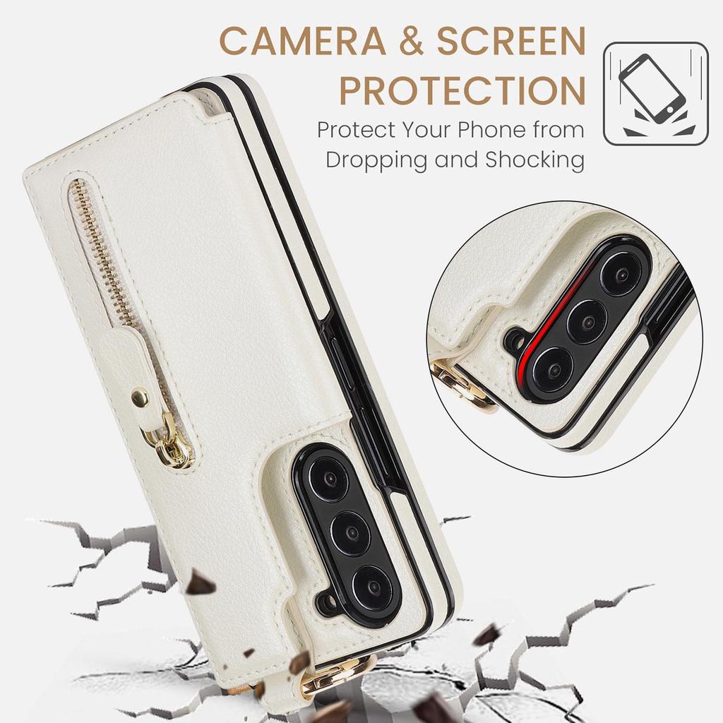 Samsung Z Fold7/Fold6 Zipper Leather Phone Case with Ring Wallet