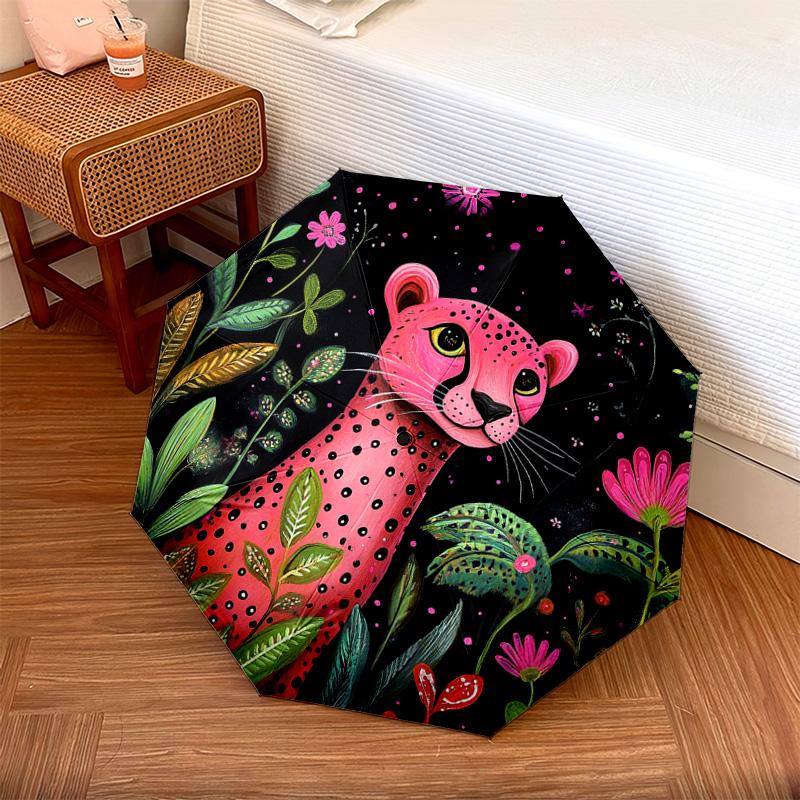 1 PC Automatic Folding Umbrella - Pink Leopard Pattern, Portable & Foldable Design with 8 Ribs, Christmas Birthday Gifts