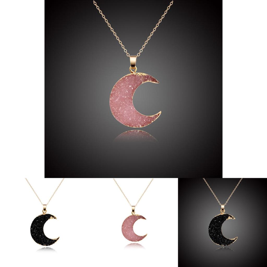 Exquisite Moon Shape Stone Female Link Chain Pendant Necklace With Drusy Charm