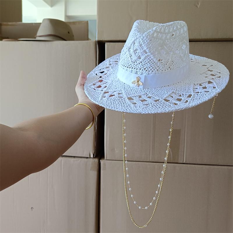 White Malan Flower Straw Hat Punk Pearl Chain Diy Supports All Kinds Of Hat Customization New Punk Hats For Men And Women