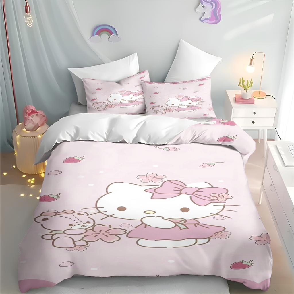 MINISO Hello Kitty Copripiumino Cartone Animato Anime Stampato Set Biancheria da Letto Federa per Bambini Stampata Biancheria da Letto Moda per la Casa Ragazzi Ragazze