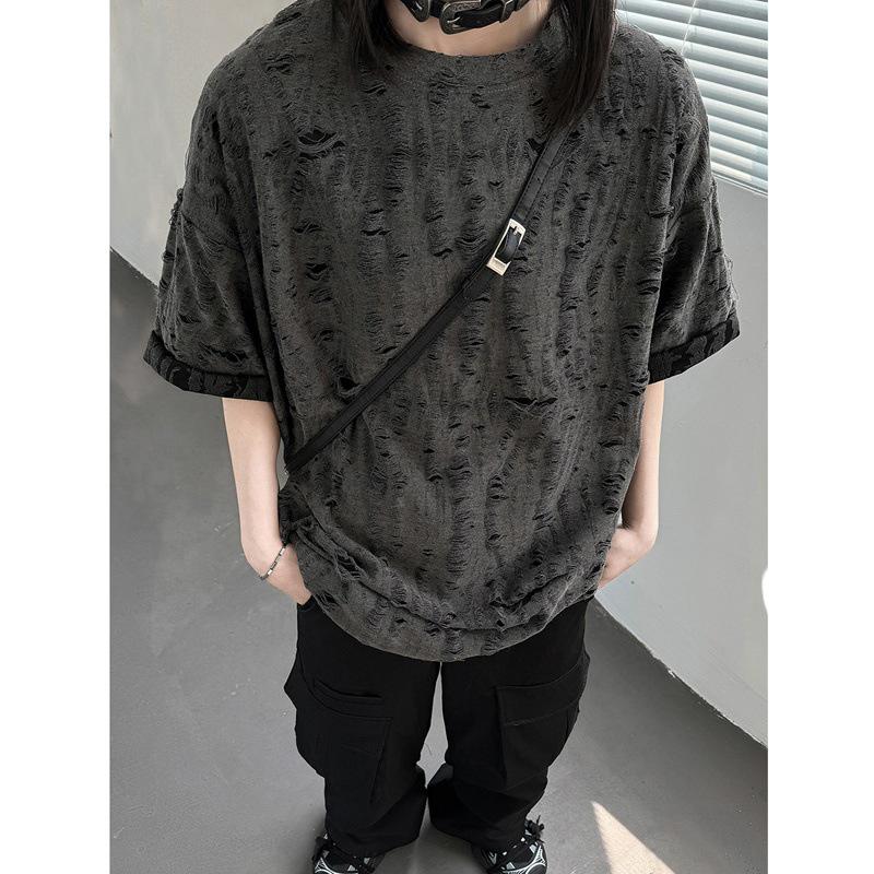 Wasteland-Style Niche Hollow-Out Ripped Men's Heavyweight T-Shirt with Small Neckline