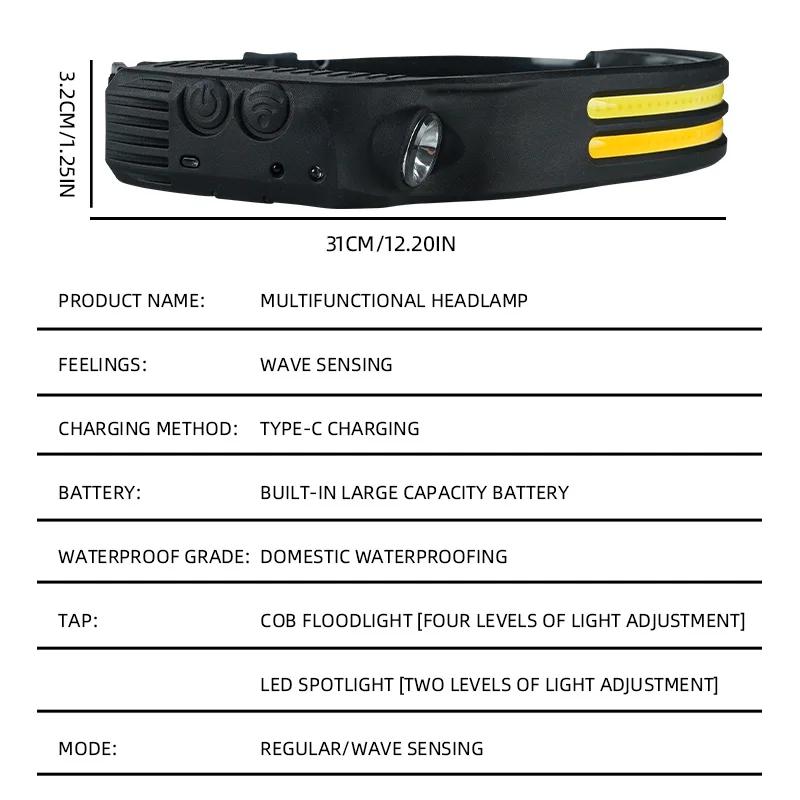 LED Headlight Sensor With Built-in Battery Head Flashlight USB Charging Work Light Super Bright Headband