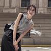 Women Mock Neck Striped Sleeveless Blouse With Ribbon