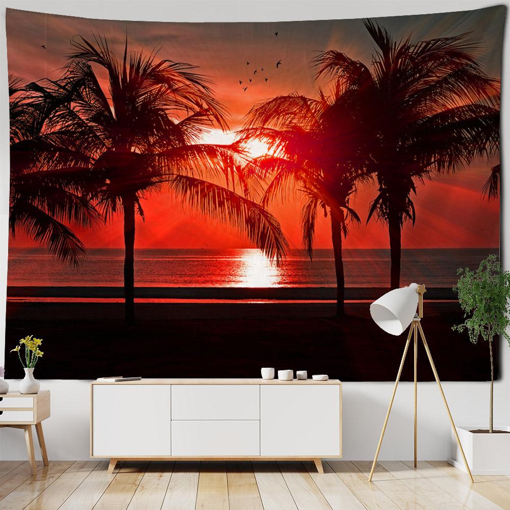 Beach landscape tapestry, coconut tree, sunrise, wall hanging poster, home wall decoration background cloth, living room bedroom