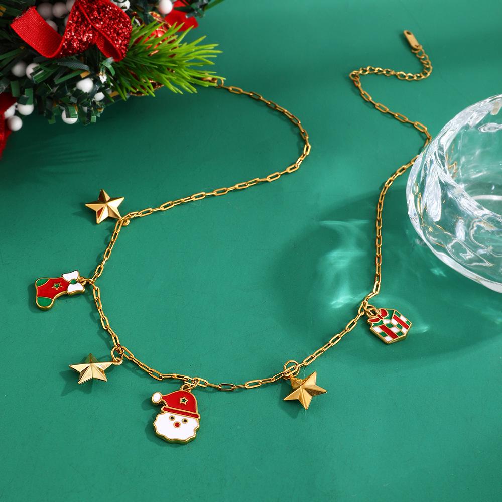 Women's Christmas Multi-Pendant Santa Claus & Reindeer Necklace - Titanium Steel