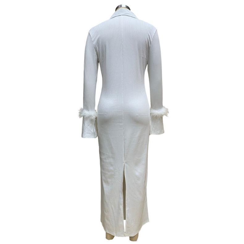 GMXIA Dámská móda Podzim Zima Jednobarevný potisk Dlouhý rukáv POLO Výstřih Neformální šaty s vysokým pasem