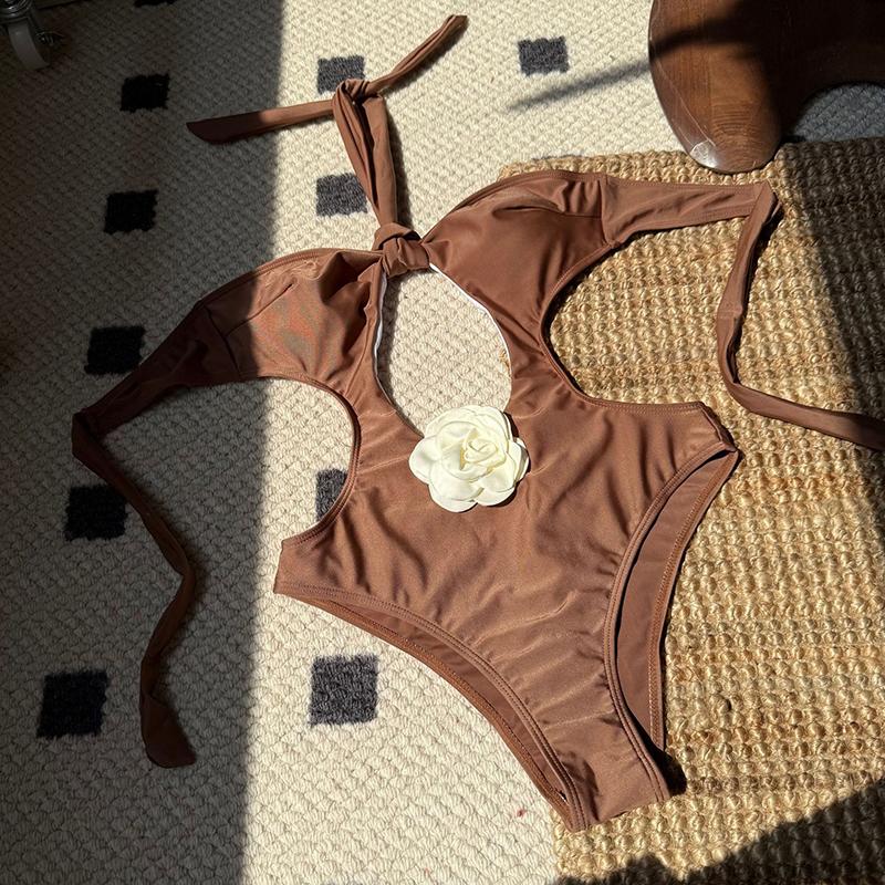 

Сексуальное бикини на шнуровке с вырезами, женский раздельный купальник с цветочным принтом, бикини с высокой талией для пляжа, новый летний купальник, слитный купальник L коричневый
