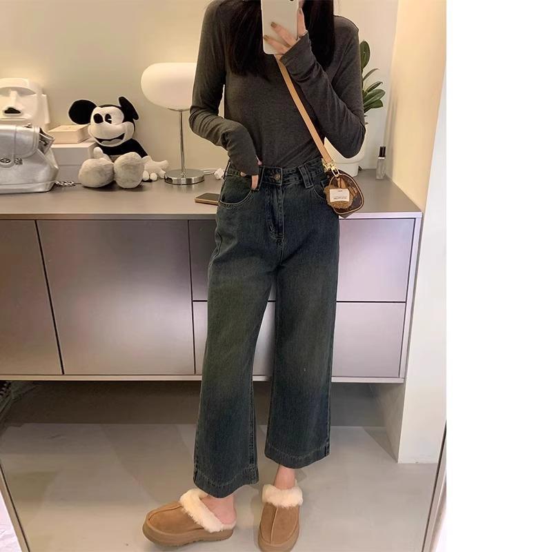 Women's Plus Size High Waist Retro Wide Leg Jeans - Petite Loose Fit, Nine-Point Length for Autumn